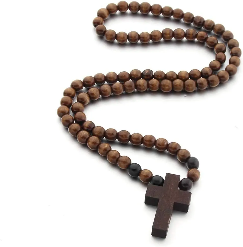 COLORFUL BLING Natural Wooden Beads Chains Cross Pendant Necklaces for Men Women Christian Religous Catholic Crucifix Rosary Necklace