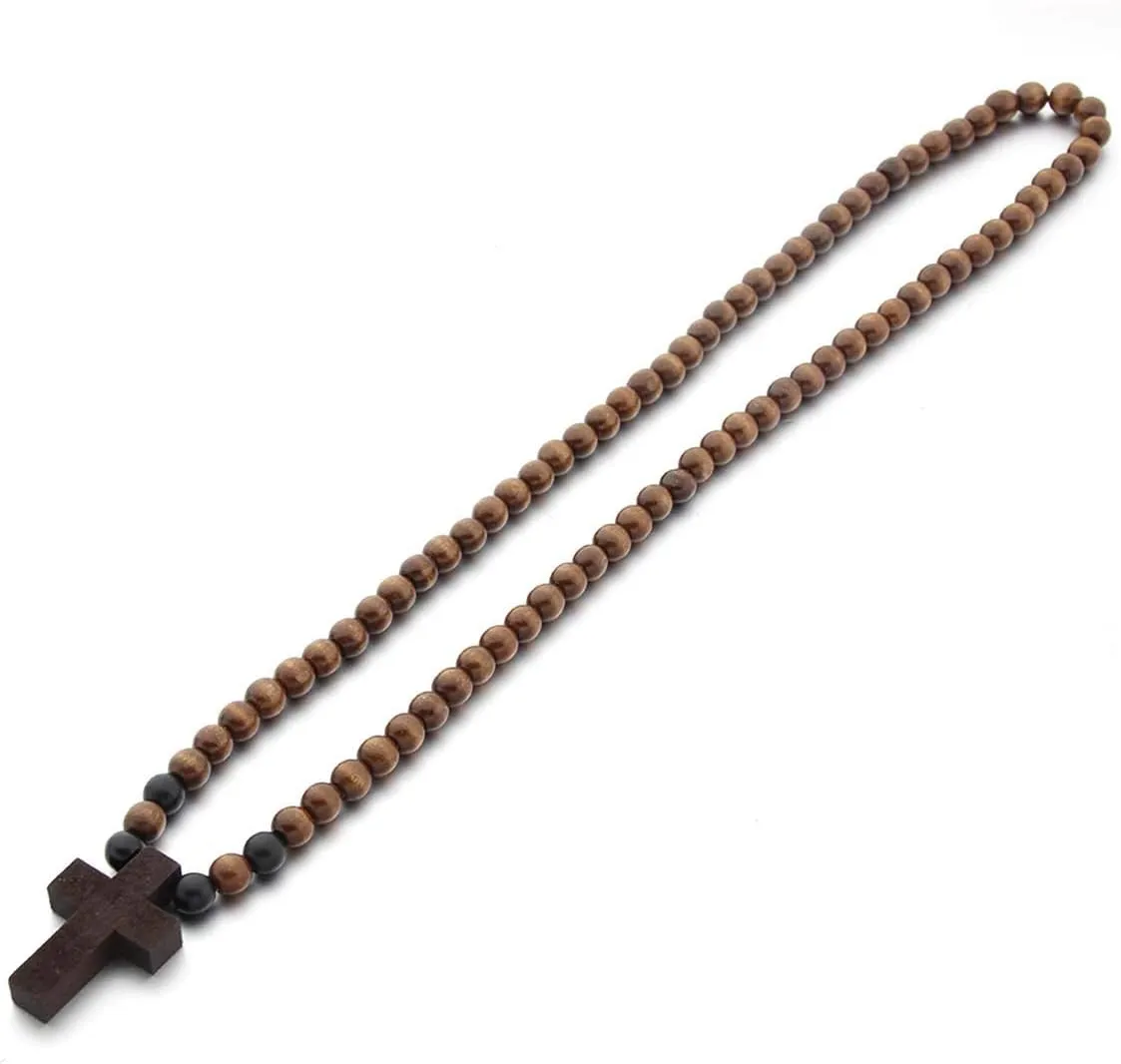 COLORFUL BLING Natural Wooden Beads Chains Cross Pendant Necklaces for Men Women Christian Religous Catholic Crucifix Rosary Necklace