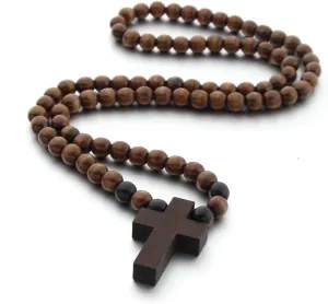 COLORFUL BLING Natural Wooden Beads Chains Cross Pendant Necklaces for Men Women Christian Religous Catholic Crucifix Rosary Necklace