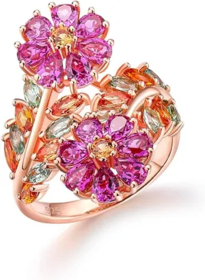 Colorful Leaf Wide Band Ring 925 Sterling Silver Gold Plated Flower Cocktail Statement Rings for Women Girls Size 6 to 10