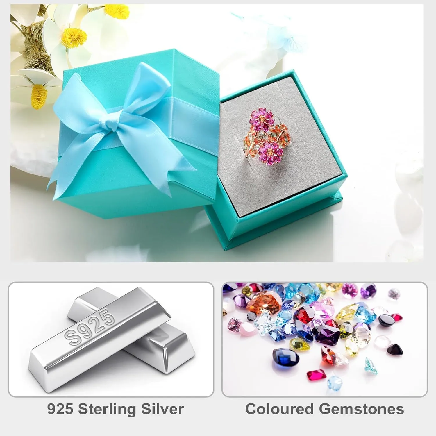 Colorful Leaf Wide Band Ring 925 Sterling Silver Gold Plated Flower Cocktail Statement Rings for Women Girls Size 6 to 10