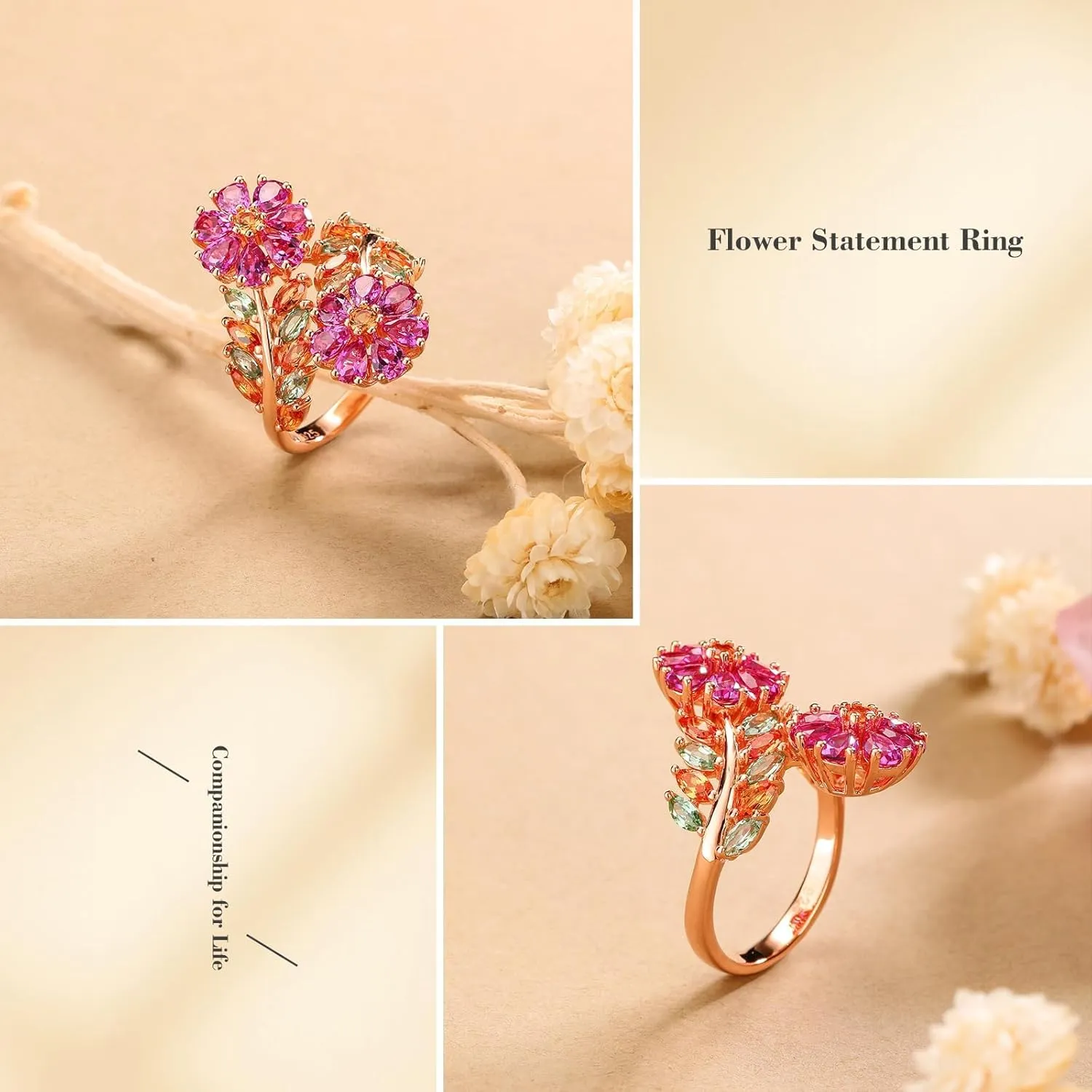 Colorful Leaf Wide Band Ring 925 Sterling Silver Gold Plated Flower Cocktail Statement Rings for Women Girls Size 6 to 10