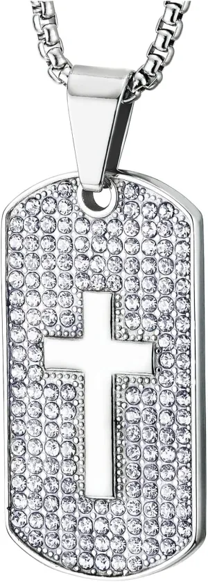 COOLSTEELANDBEYOND Exquisite Men Women Steel Cubic Zirconia Pave Dog Tag Pendant Necklace with Cross, 30 in Wheat Chain