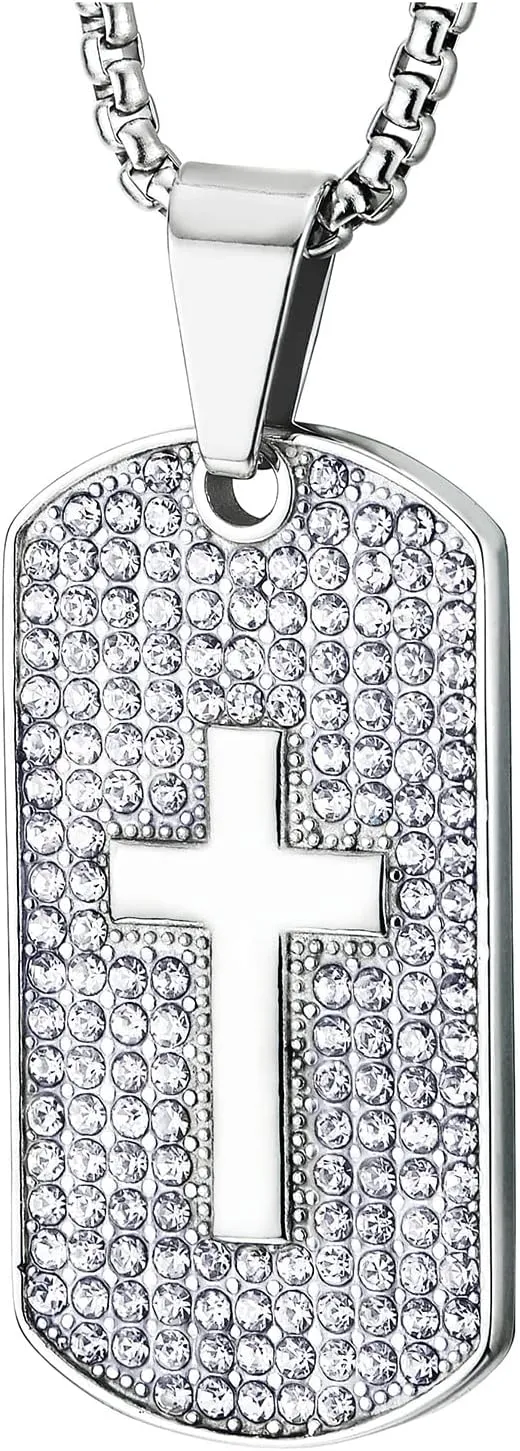 COOLSTEELANDBEYOND Exquisite Men Women Steel Cubic Zirconia Pave Dog Tag Pendant Necklace with Cross, 30 in Wheat Chain