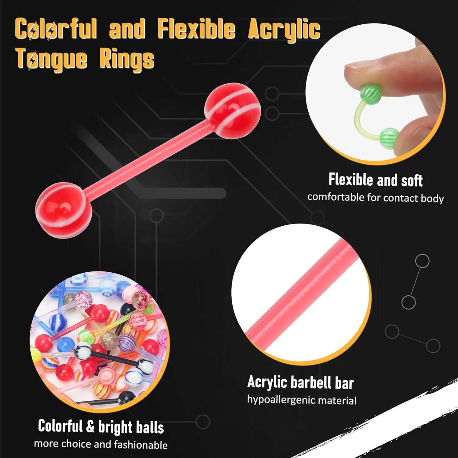 CrazyPiercing 100Pcs 14G Acrylic Tongue Rings, Multi Color Assortment Flexible Tongue Rings Barbells Mix Piercing