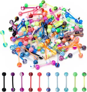 CrazyPiercing 100Pcs 14G Acrylic Tongue Rings, Multi Color Assortment Flexible Tongue Rings Barbells Mix Piercing