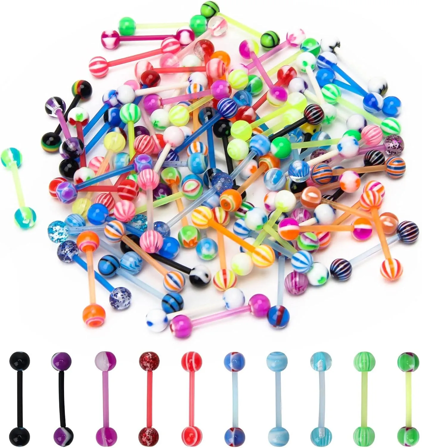 CrazyPiercing 100Pcs 14G Acrylic Tongue Rings, Multi Color Assortment Flexible Tongue Rings Barbells Mix Piercing
