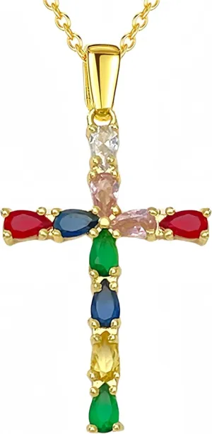 Cross Necklace, Rainbow Necklace Colored Crystal Necklace 18K Gold-plated Faith Pendant Necklace, Exquisite Pendant Prayer Religious Jewelry for Women