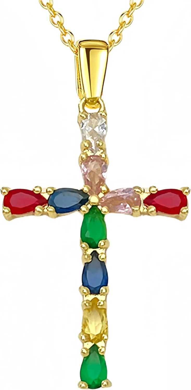 Cross Necklace, Rainbow Necklace Colored Crystal Necklace 18K Gold-plated Faith Pendant Necklace, Exquisite Pendant Prayer Religious Jewelry for Women