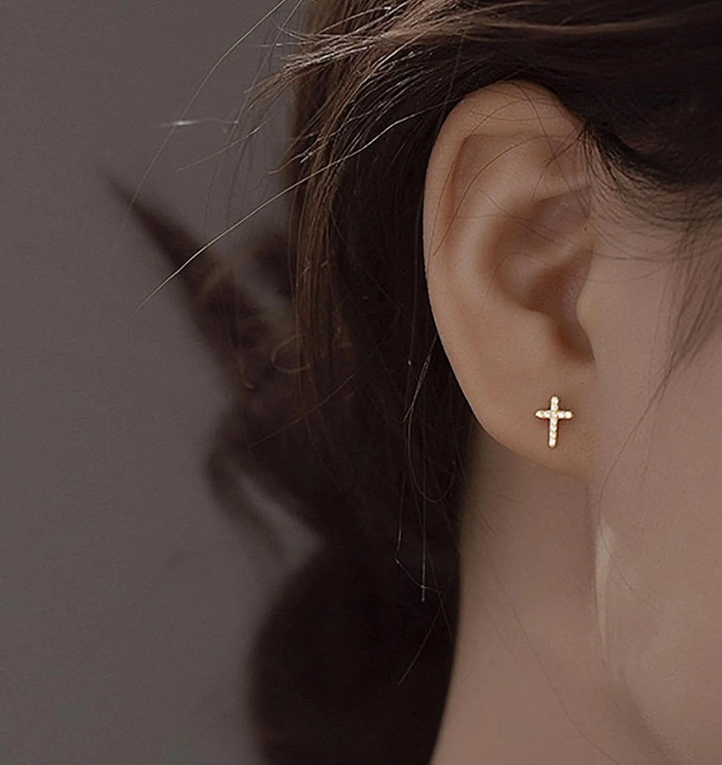 Cross Stud Earrings, Tiny Simple 14K White Gold Plated Small Cubic Zirconia Cross Earrings Stud for Women Men Silver Gold