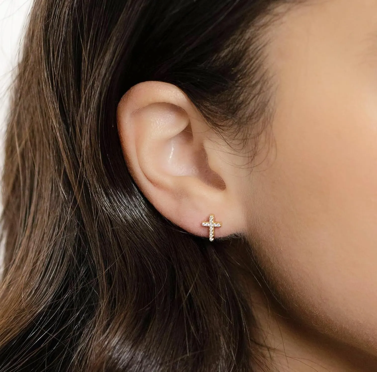 Cross Stud Earrings, Tiny Simple 14K White Gold Plated Small Cubic Zirconia Cross Earrings Stud for Women Men Silver Gold