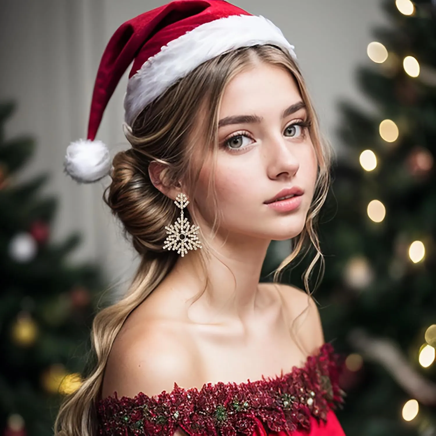 Crysdue Snowflake Bow Dangle Earrings for Women, Stunning Flower Crystal Drop Cluster Winter Holiday Festive Chrtistmas Jewelry Gift