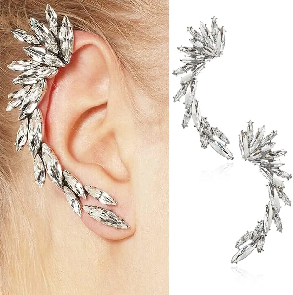Crystal Leaf Climbers Crawler Jewelry Jacket Earrings Sparkly Zircon Pave Metal Ear Cuff Wrap Clip Stud Earring Climber Top Ear Clip for Women