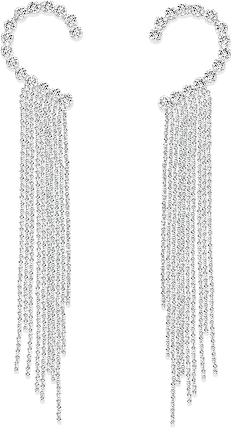 Crystal Leaf Climbers Crawler Jewelry Tassel Earrings Sparkly Zircon Pave Metal Ear Cuff Wrap Clip Earring Climber Top Ear Clip for Women