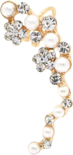 Crystal Pearl Flower Climbers Crawler Stud Earring Cute Rhinestone Resin Floral Left Ear Cuff Wrap Clip Earring Top Ear Clip Gold Jewelry Jacket for Women 1 Pcs