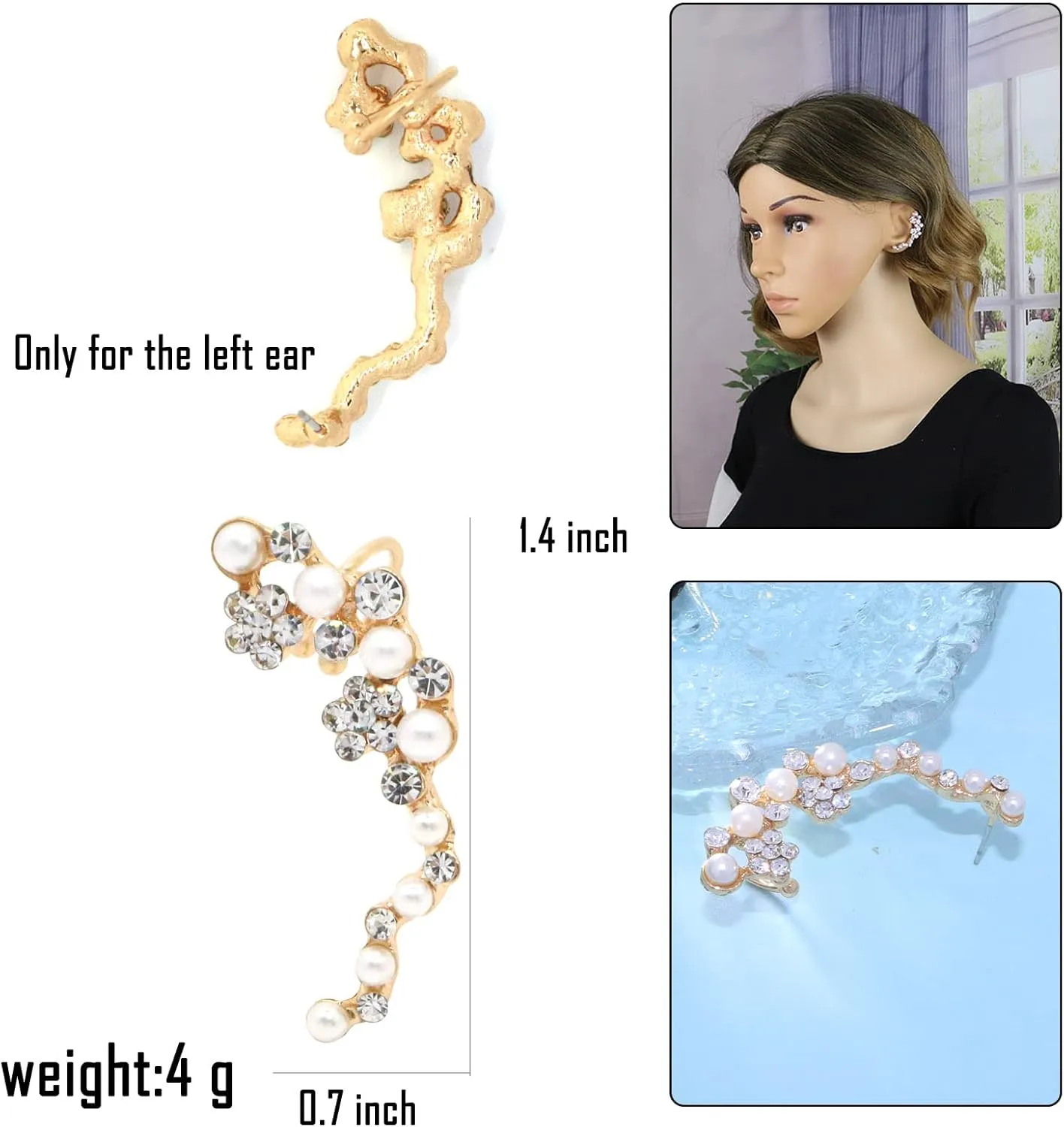 Crystal Pearl Flower Climbers Crawler Stud Earring Cute Rhinestone Resin Floral Left Ear Cuff Wrap Clip Earring Top Ear Clip Gold Jewelry Jacket for Women 1 Pcs