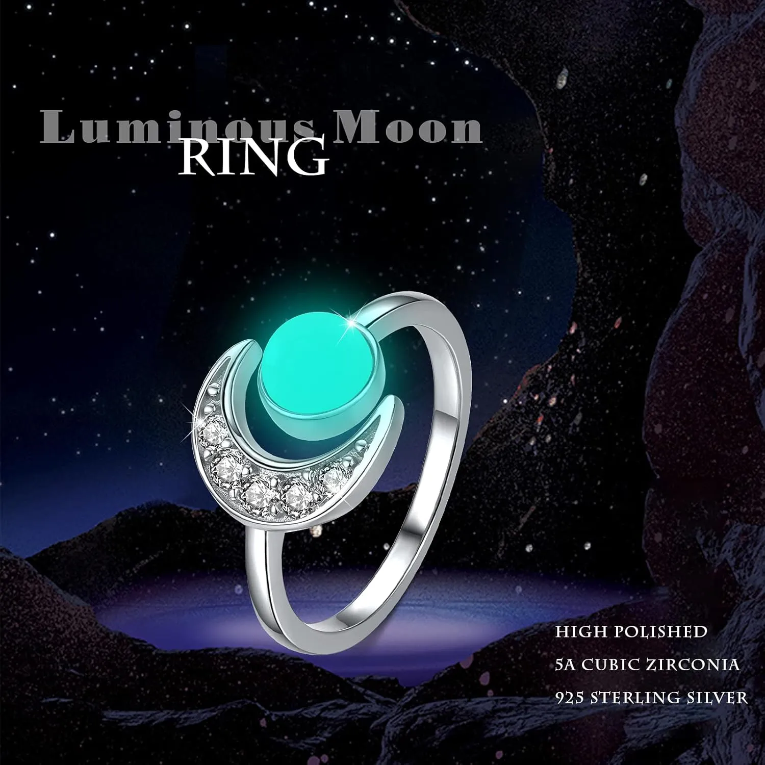 CUOKA MIRACLE Moon Ring, S925 Sterling Silver Crescent Moon Ring Open Ring Adjustable Ring Gift for Women