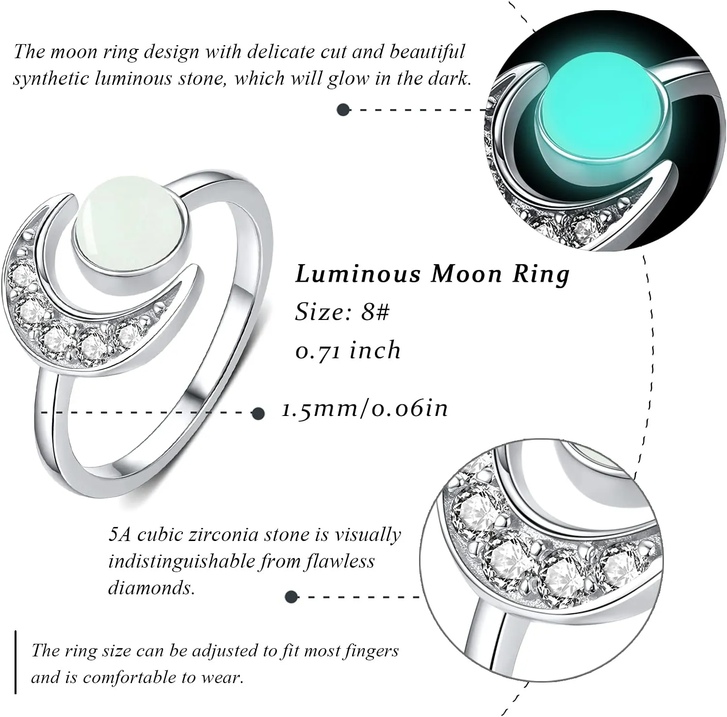 CUOKA MIRACLE Moon Ring, S925 Sterling Silver Crescent Moon Ring Open Ring Adjustable Ring Gift for Women
