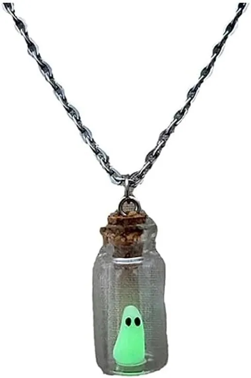 Cute Creative Ghost Pendant Necklace, The Adopt A Ghost Necklace, Glow-in-The-Dark Halloween Necklace Luminous Ghost in A Bottle Pendant Decorative