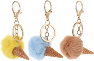 Cute Pom Pomsc Keychain, 3 Pcs Ice Cream Keychain, Plush Key Pendants for Decoration Fluffy Key Chains Women