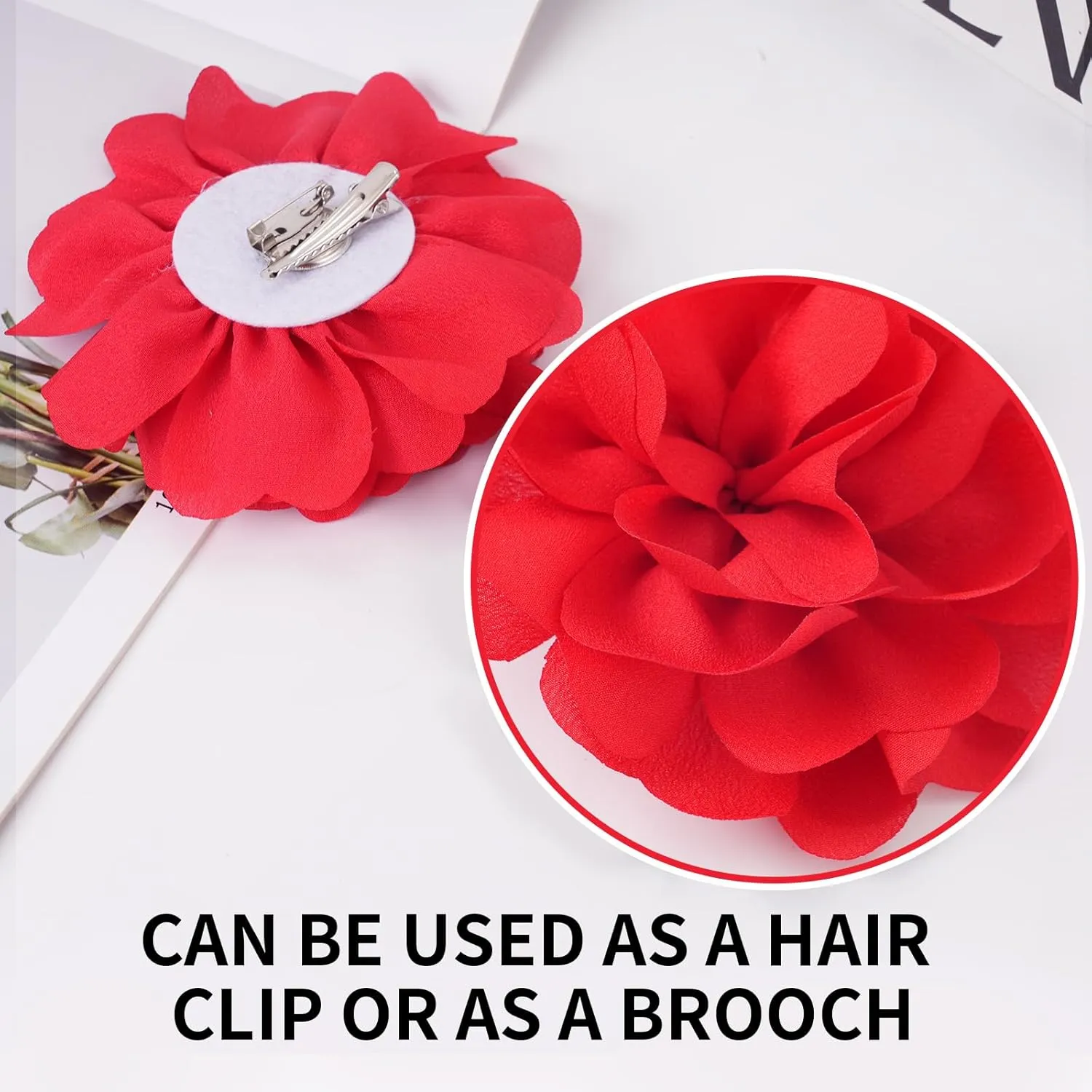 Dainty Black/Red Rose Flower Brooch for Women Ladies, Delicate Hair Pin for Wedding Party Dance Banquet Ceremony  Versatile Floral Accessory for Clothing and Hairstyling, Large 12CM