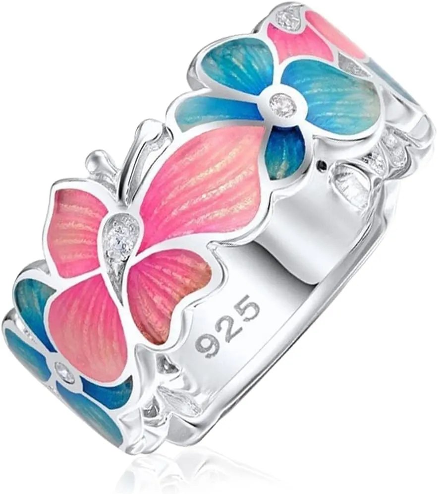 Dainty Colorful Flower Leaf Butterfly Enamel Statement Band Ring for Women