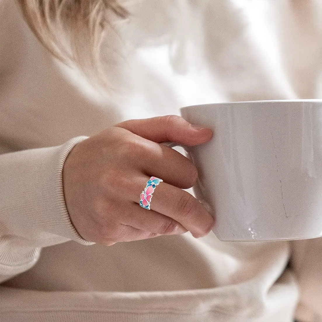 Dainty Colorful Flower Leaf Butterfly Enamel Statement Band Ring for Women