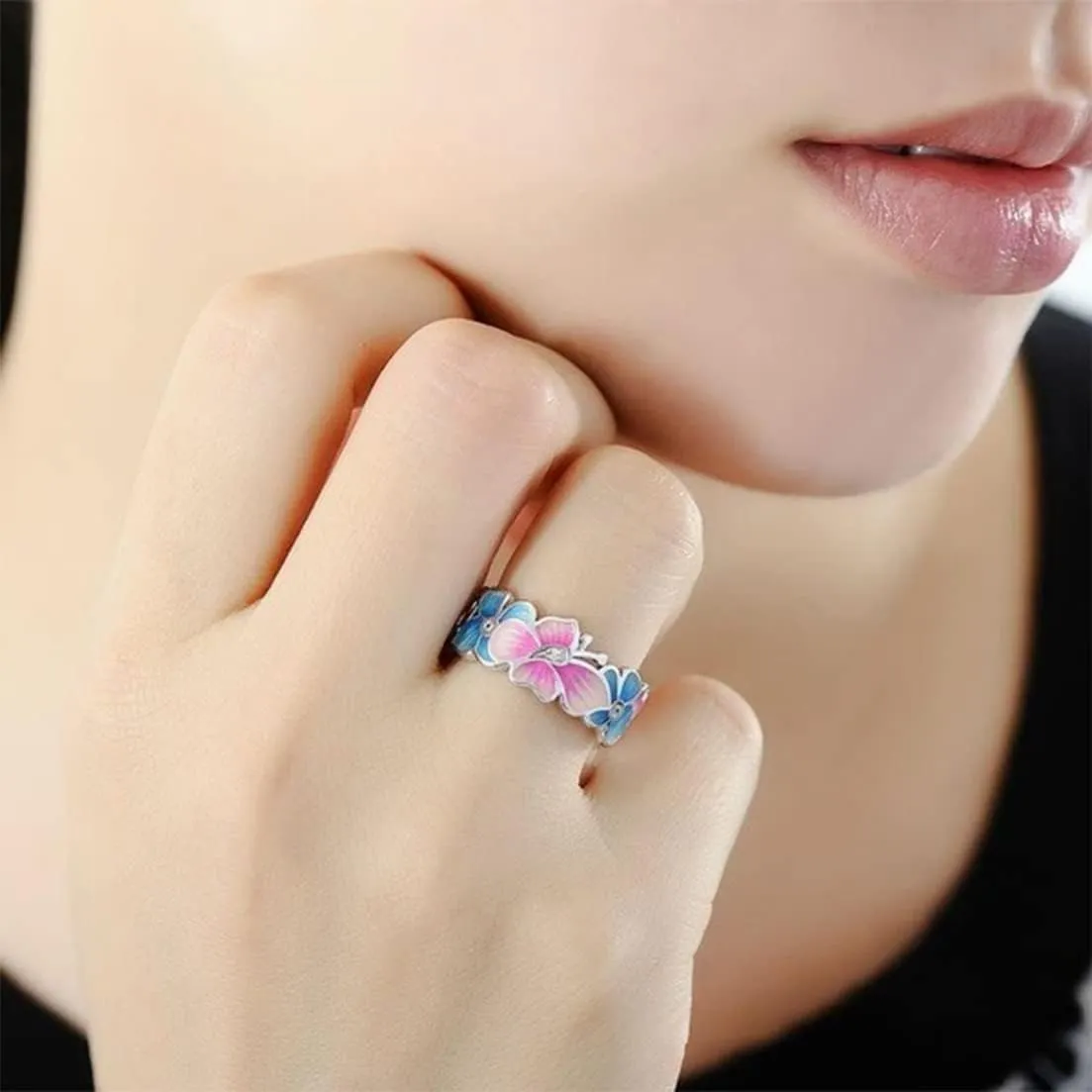 Dainty Colorful Flower Leaf Butterfly Enamel Statement Band Ring for Women