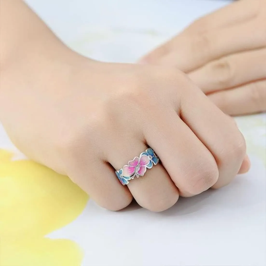 Dainty Colorful Flower Leaf Butterfly Enamel Statement Band Ring for Women