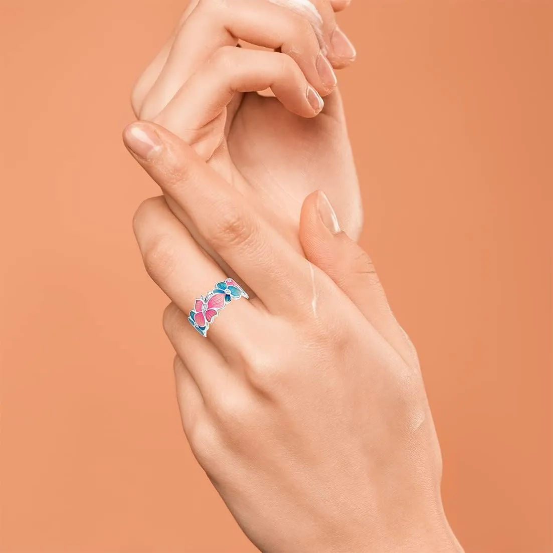 Dainty Colorful Flower Leaf Butterfly Enamel Statement Band Ring for Women