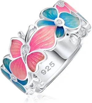 Dainty Colorful Flower Leaf Butterfly Enamel Statement Band Ring for Women