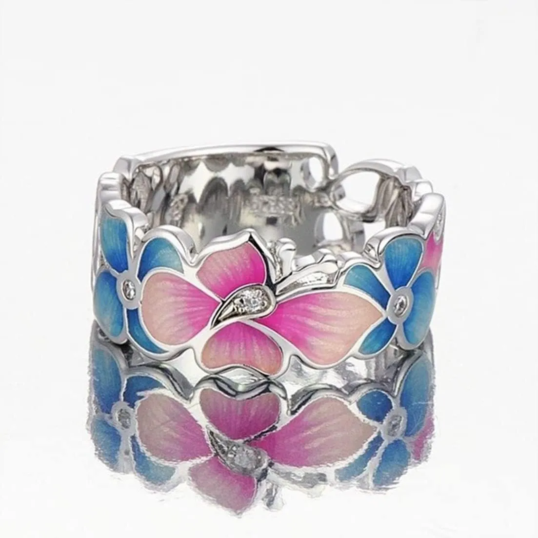 Dainty Colorful Flower Leaf Butterfly Enamel Statement Band Ring for Women