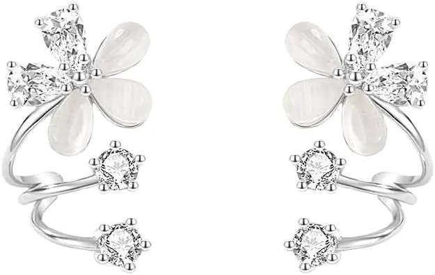 Dainty Flower Claw Earrings Cuffs for Women Girls 925 Sterling Silver Cubic Zirconia Floral Ear Cuff Climber Studs Huggie Piercing Wrap Earring Exquisite Jewelry Gifts Birthday