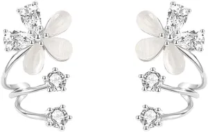 Dainty Flower Claw Earrings Cuffs for Women Girls 925 Sterling Silver Cubic Zirconia Floral Ear Cuff Climber Studs Huggie Piercing Wrap Earring Exquisite Jewelry Gifts Birthday