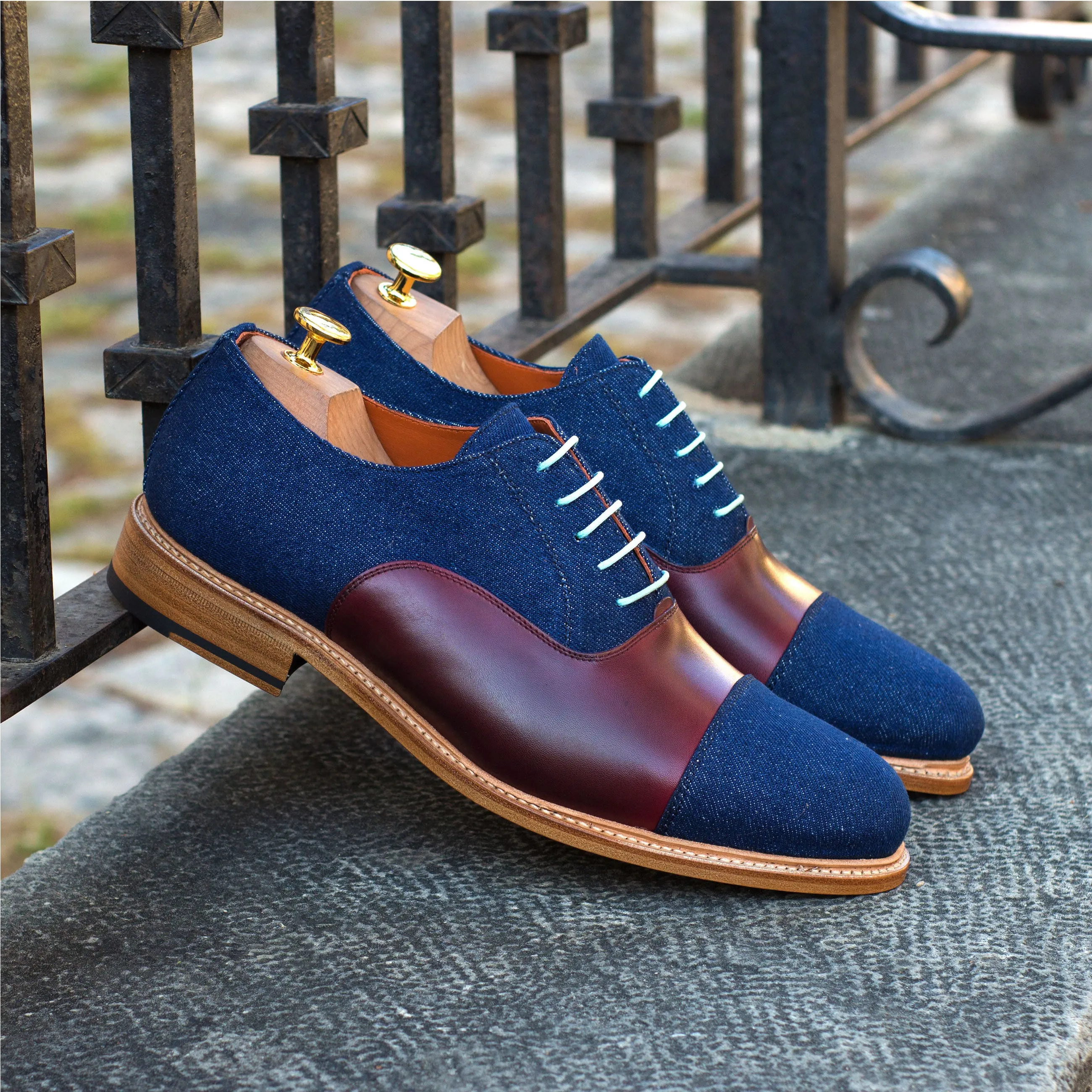 DapperFam Rafael in Jeans / Burgundy Men's Sartorial & Italian Leather Oxford