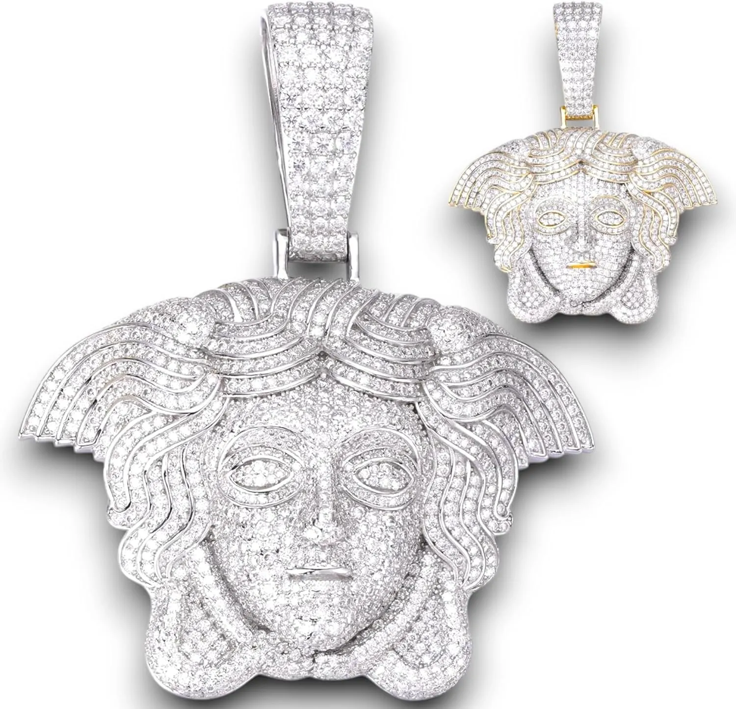 Diamond Medusa Head Iced out Pendant in 14k Gold & White Gold Over 925 Sterling Silver 12.62 Carat Super ICY Round Cut VVS/D Color Moissanite Goddess Head Pendant Hip-hop Jewelry For Men and Women