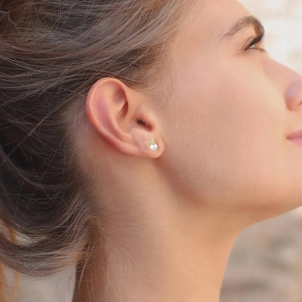 Diamonds and Genuine Gemstone Stud Earrings, 3 Natural Round Shaped Diamonds Set Above a Natural Gemstone, 14K Rose Gold/14K Gold/14K White Gold, 4.5mm Stone (0.03 cttw)