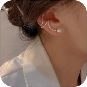 Ear Crawler Earrings for Women Gold Pearl Ear Cuff Rhinestone Pearl Stud Earrings Jewelry Gifts for Women
