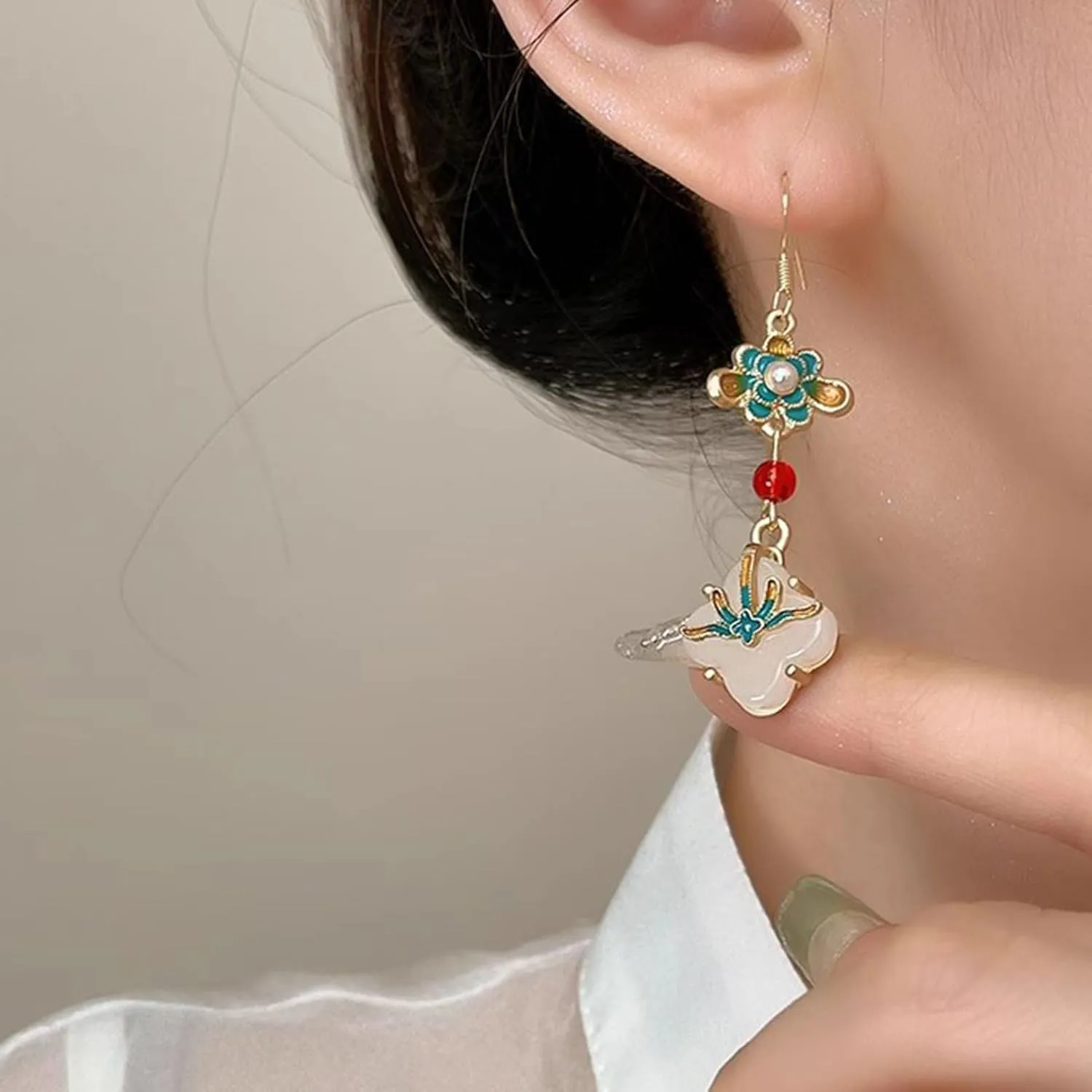Earrings for Women, Women Hook Earrings Oil Dripping Vintage Chinese Style Water Drop Bead Faux Pearl Flower Hanfu Pairing Hanging Earrings
