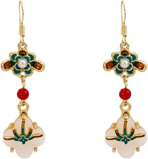 Earrings for Women, Women Hook Earrings Oil Dripping Vintage Chinese Style Water Drop Bead Faux Pearl Flower Hanfu Pairing Hanging Earrings