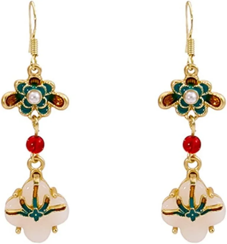 Earrings for Women, Women Hook Earrings Oil Dripping Vintage Chinese Style Water Drop Bead Faux Pearl Flower Hanfu Pairing Hanging Earrings