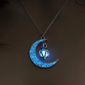 EEQQBZ Glow in The Dark Silver Crescent Moon and Orb Necklace - Glowing Blue Moon Charm - Magical Fantasy Fairy Glowing Necklace - Glow Jewelry (sky blue)