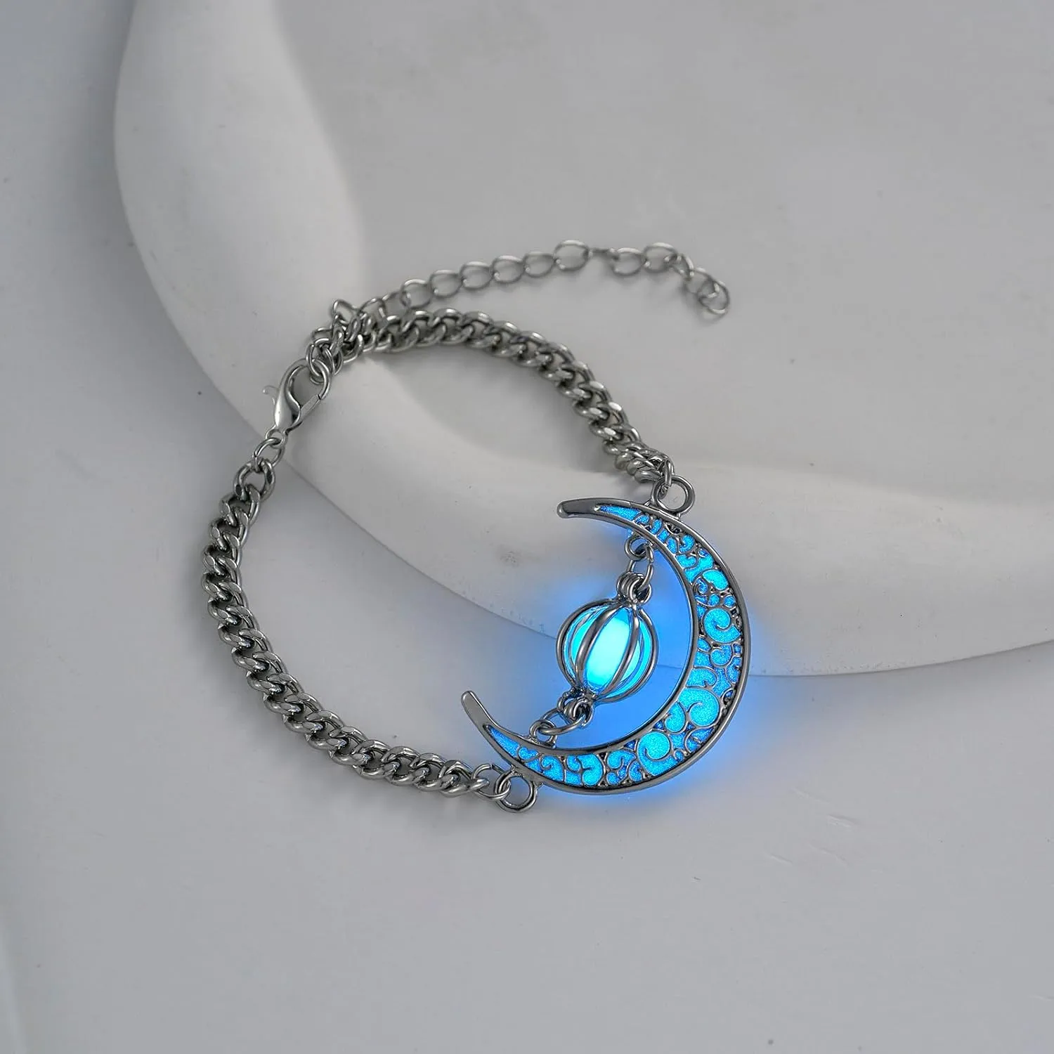 EEQQBZ Glow in The Dark Silver Crescent Moon bracelets - Glowing Blue Moon Charm - Magical Fantasy Fairy Glowing bracelets - Glow Jewelry