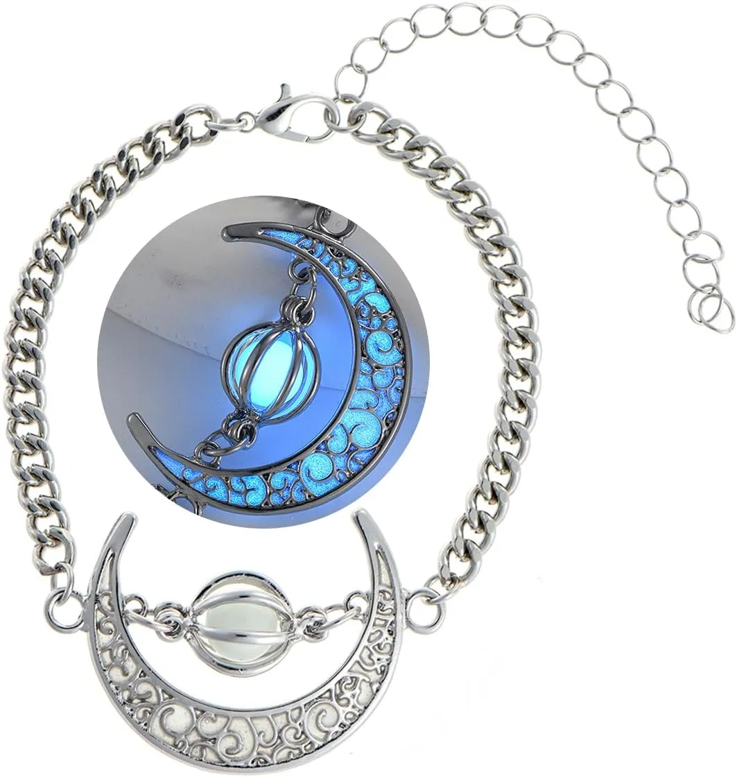 EEQQBZ Glow in The Dark Silver Crescent Moon bracelets - Glowing Blue Moon Charm - Magical Fantasy Fairy Glowing bracelets - Glow Jewelry
