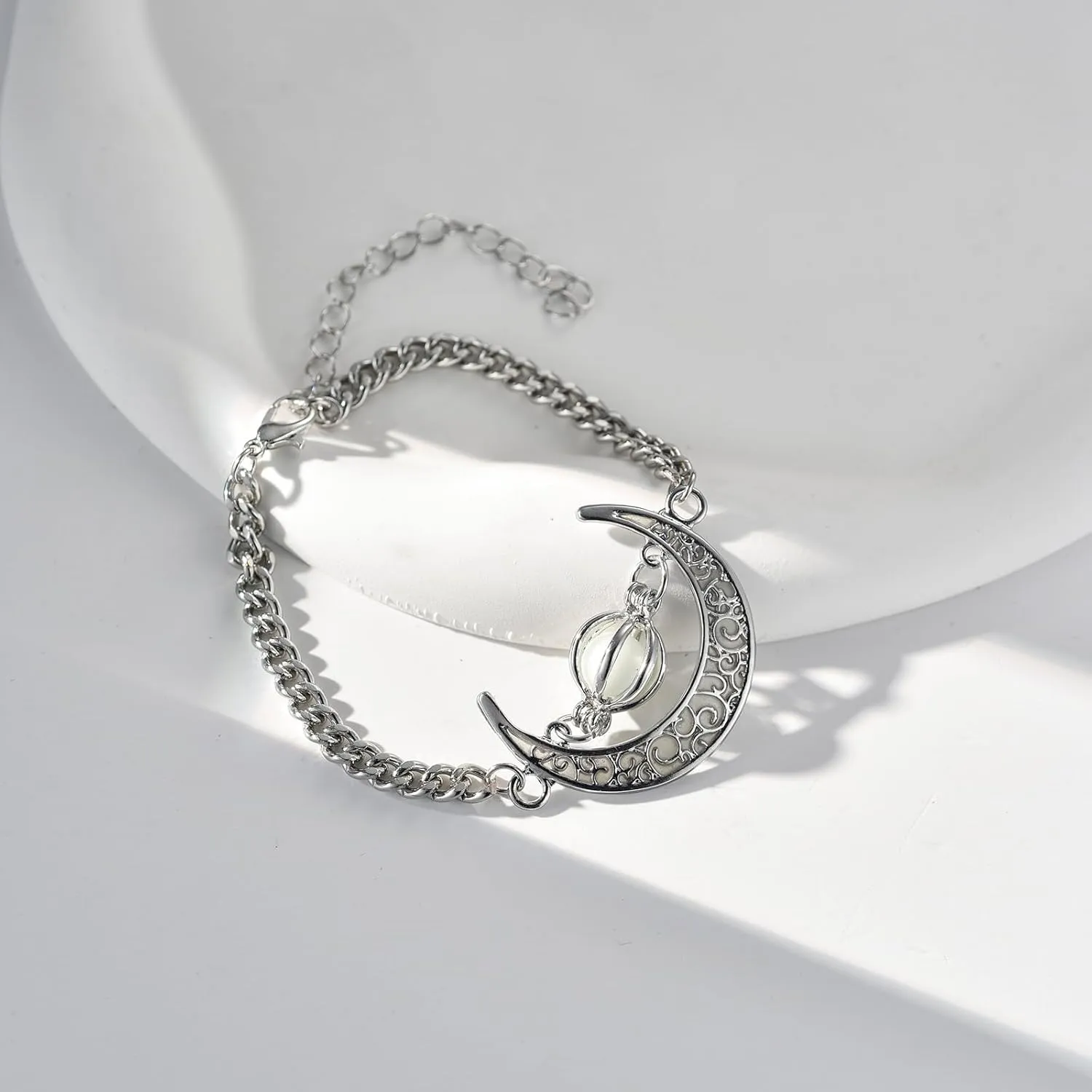 EEQQBZ Glow in The Dark Silver Crescent Moon bracelets - Glowing Blue Moon Charm - Magical Fantasy Fairy Glowing bracelets - Glow Jewelry