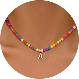 Eioi & Lmnm Colorful Initial Necklace for Girls Kids Women - Teen Girls Gifts Trendy Stuff Colorful Bead A-Z Initial Letter Necklace Choker Letter Birthday Gifts for Girl Age 5 6 7 8 9 10