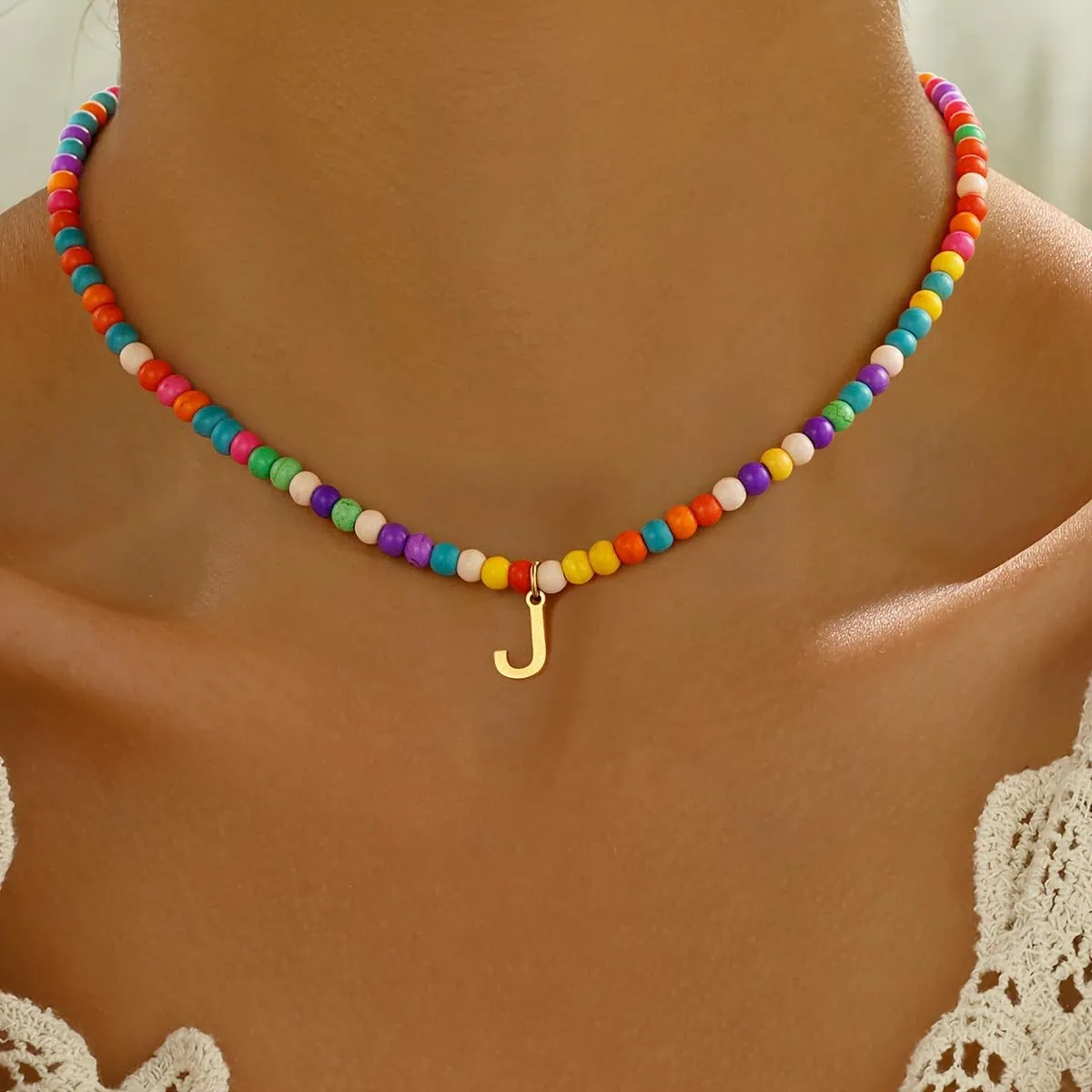 Eioi & Lmnm Colorful Initial Necklace for Girls Kids Women - Teen Girls Gifts Trendy Stuff Colorful Bead A-Z Initial Letter Necklace Choker Letter Birthday Gifts for Girl Age 5 6 7 8 9 10