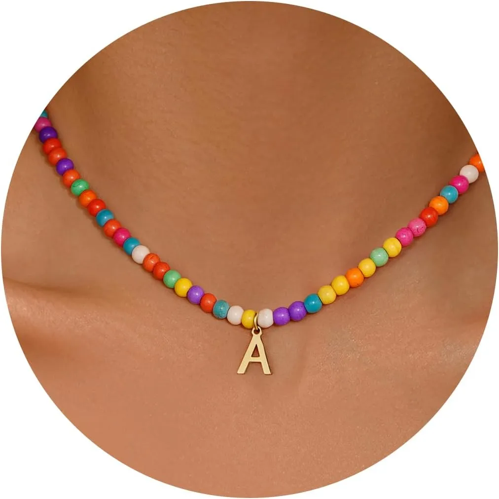 Eioi & Lmnm Colorful Initial Necklace for Girls Kids Women - Teen Girls Gifts Trendy Stuff Colorful Bead A-Z Initial Letter Necklace Choker Letter Birthday Gifts for Girl Age 5 6 7 8 9 10