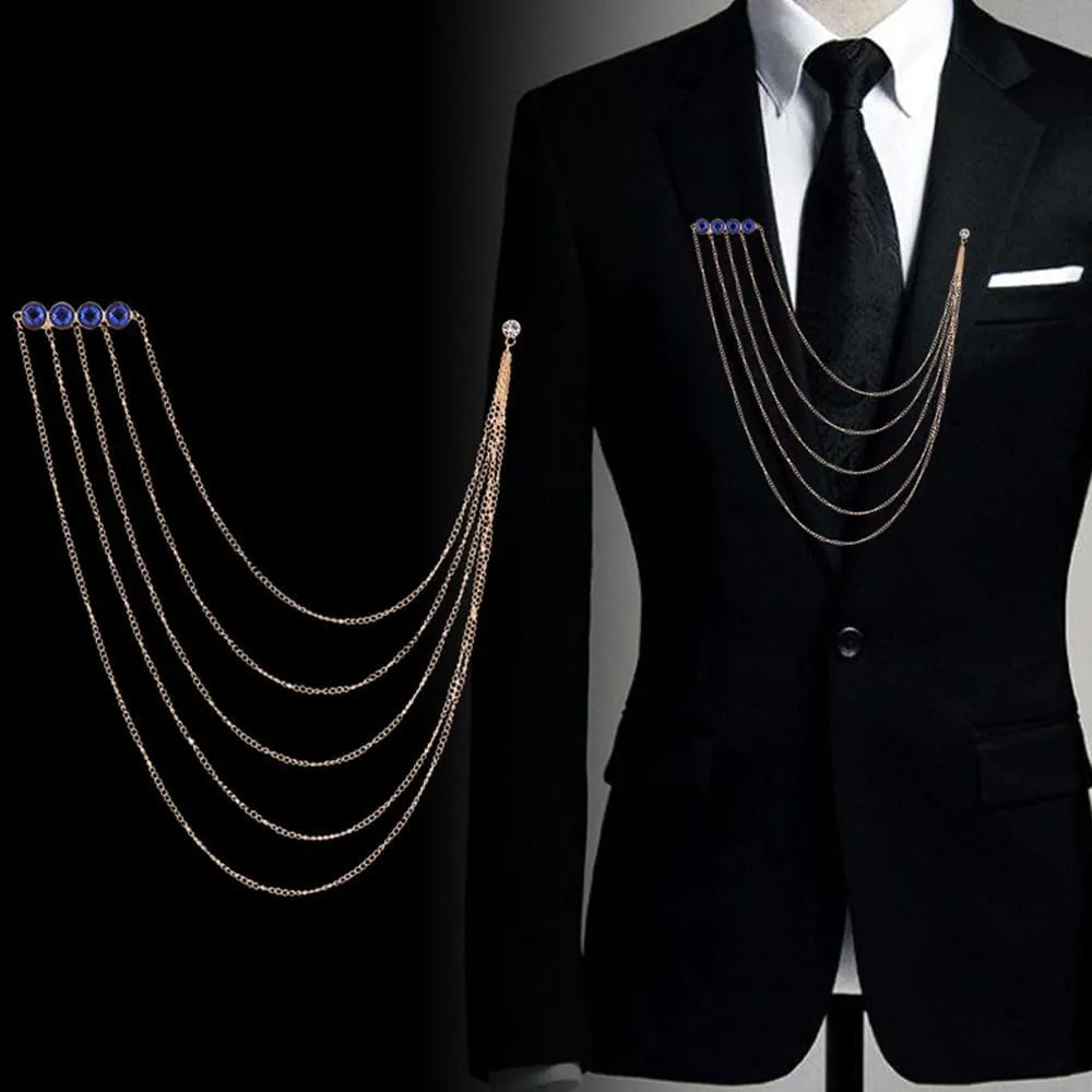 Elegant Crystal Chains Suit Pin Lapel Pin Brooch for Shirt Tuxedo Coat Badge Tassel Chain Men's Suit Jewelry Accessories