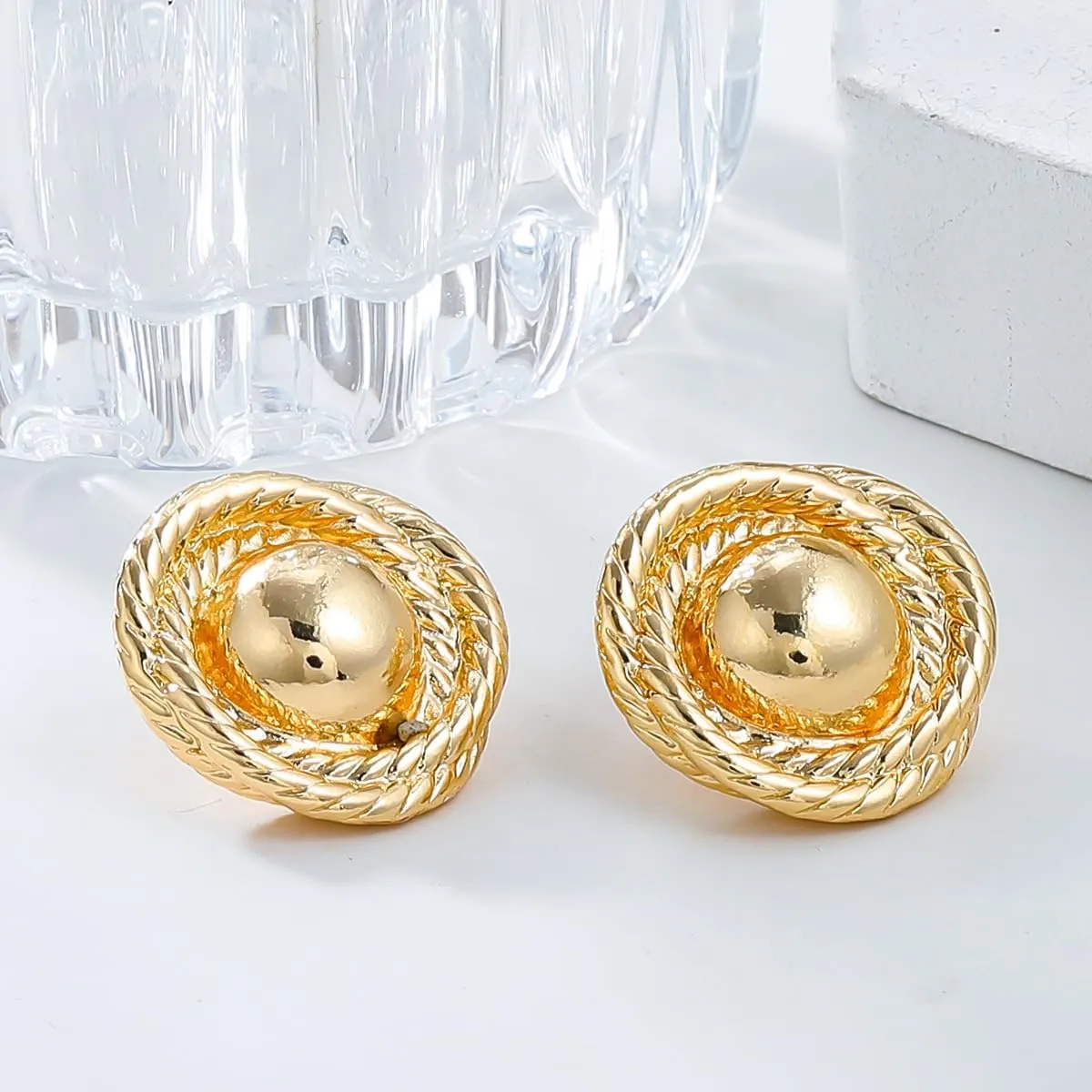 Elegant Large Chunky Gold Earrings for Women - Round Rope Disc Stud Earrings - Statement Vintage Design - Trendy, Lightweight, and Hypoallergenic Jewelry - Perfect for Parties and Everyday Wear